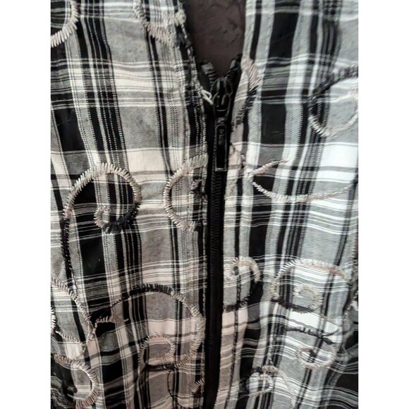 Christopher Banks Black & White Plaid Zip-Up Shirt  Embroidered Swirls Womens L - Picture 3 of 8